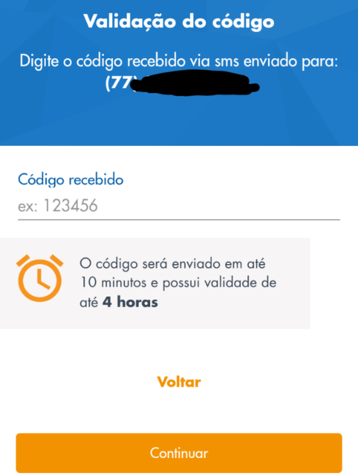 Tela para inserir o código de validação 