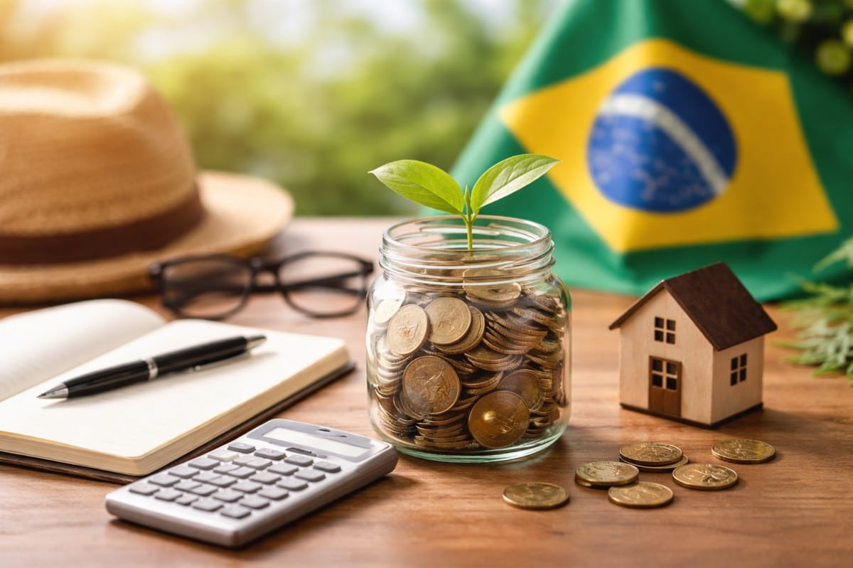 Imagem realista e minimalista sobre previdência privada no Brasil, mostrando um pote de vidro com moedas e uma planta jovem simbolizando crescimento financeiro e previdência, sobre uma mesa de madeira com calculadora, caderno e uma pequena casa decorativa, com a bandeira do Brasil desfocada ao fundo, representando planejamento de longo prazo e alinhamento entre renda futura e perfil de risco.