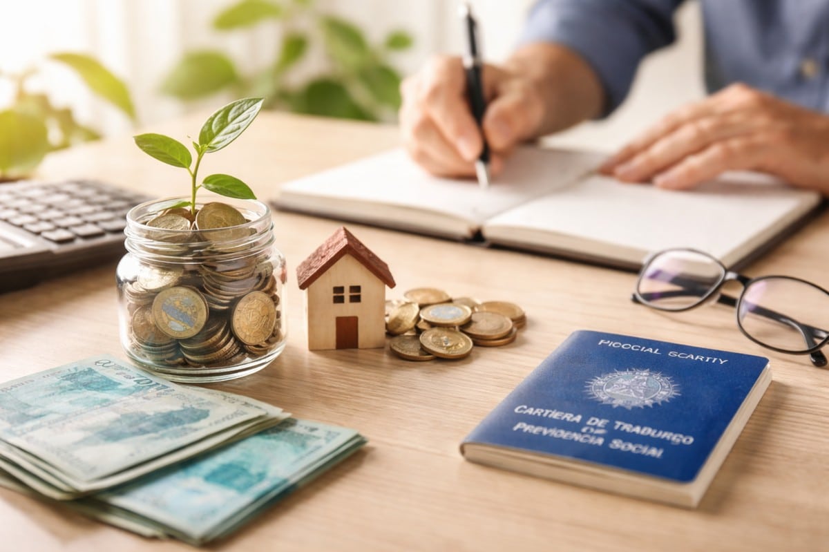 Cena realista e minimalista de planejamento financeiro com foco em previdência, mostrando moedas brasileiras guardadas em um pote de vidro com uma planta em crescimento, uma pequena casa de madeira simbolizando segurança futura, cédulas de real sobre a mesa e uma carteira de trabalho ao lado, enquanto uma pessoa escreve em um caderno, representando decisões conscientes de longo prazo relacionadas à previdência no Brasil.