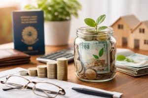 Cena realista e minimalista de planejamento financeiro com foco em previdência, mostrando um pote de vidro com moedas e cédulas brasileiras, de onde brota uma pequena planta verde, simbolizando crescimento e proteção do poder de compra.