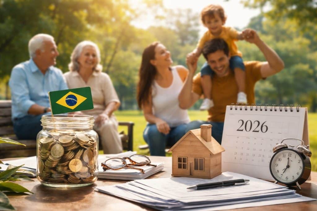 Imagem representando o conceito de planejamento financeiro e palavra no contexto de aposentadoria no Brasil, com frasco de vidro cheio de moedas e pequena bandeira do Brasil sobre mesa com documentos, óculos, miniatura de casa de madeira, relógio analógico e calendário ao fundo, enquanto três gerações de uma família aparecem desfocadas em ambiente externo ensolarado, simbolizando futuro, estabilidade e previdência.