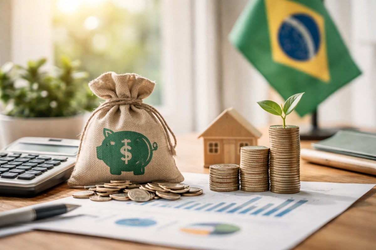 Imagem realista e minimalista sobre previdência privada no Brasil, mostrando um saco de moedas com símbolo de cofre sobre uma mesa de madeira, ao lado de pilhas de moedas organizadas em ordem crescente com uma pequena planta brotando no topo.