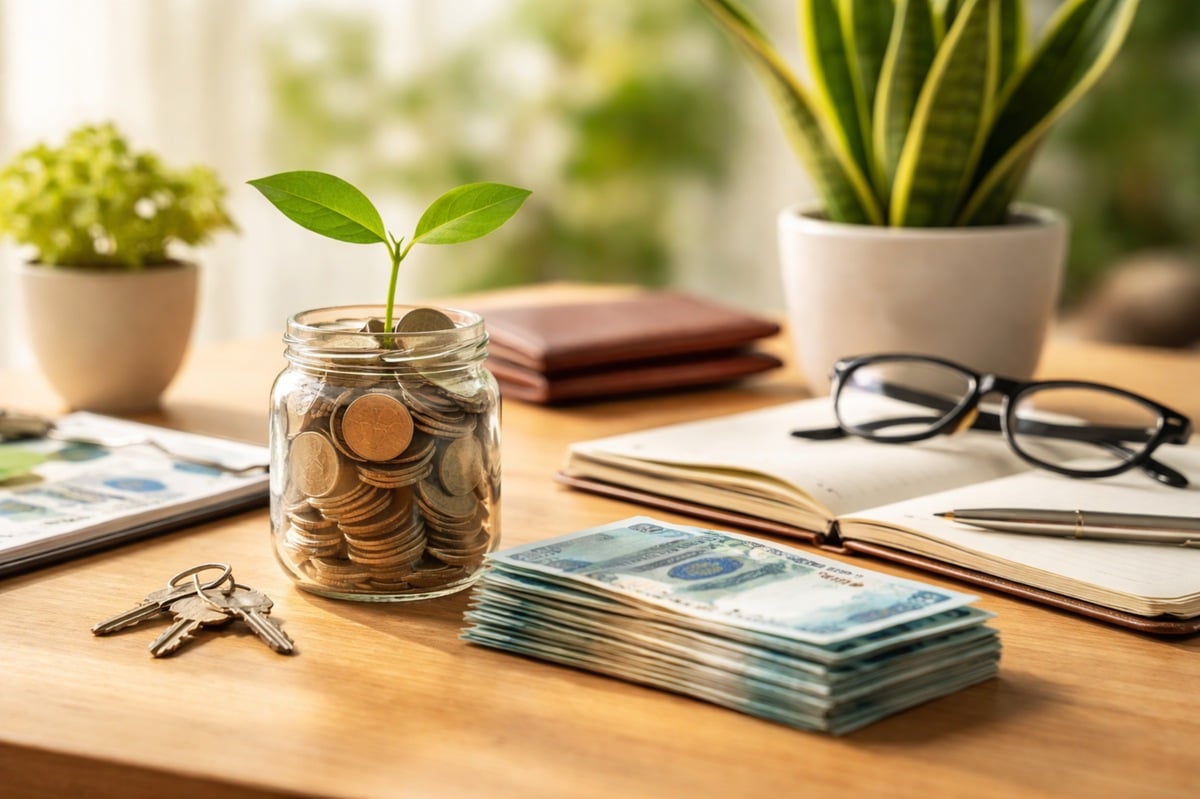 Imagem realista e minimalista sobre previdência mostrando um frasco de vidro com moedas e uma pequena muda verde simbolizando crescimento financeiro, ao lado de cédulas de real organizadas sobre mesa de madeira clara, com caderno aberto, óculos, chaves e plantas ao fundo em ambiente iluminado e organizado, representando planejamento financeiro e previdência privada no Brasil.