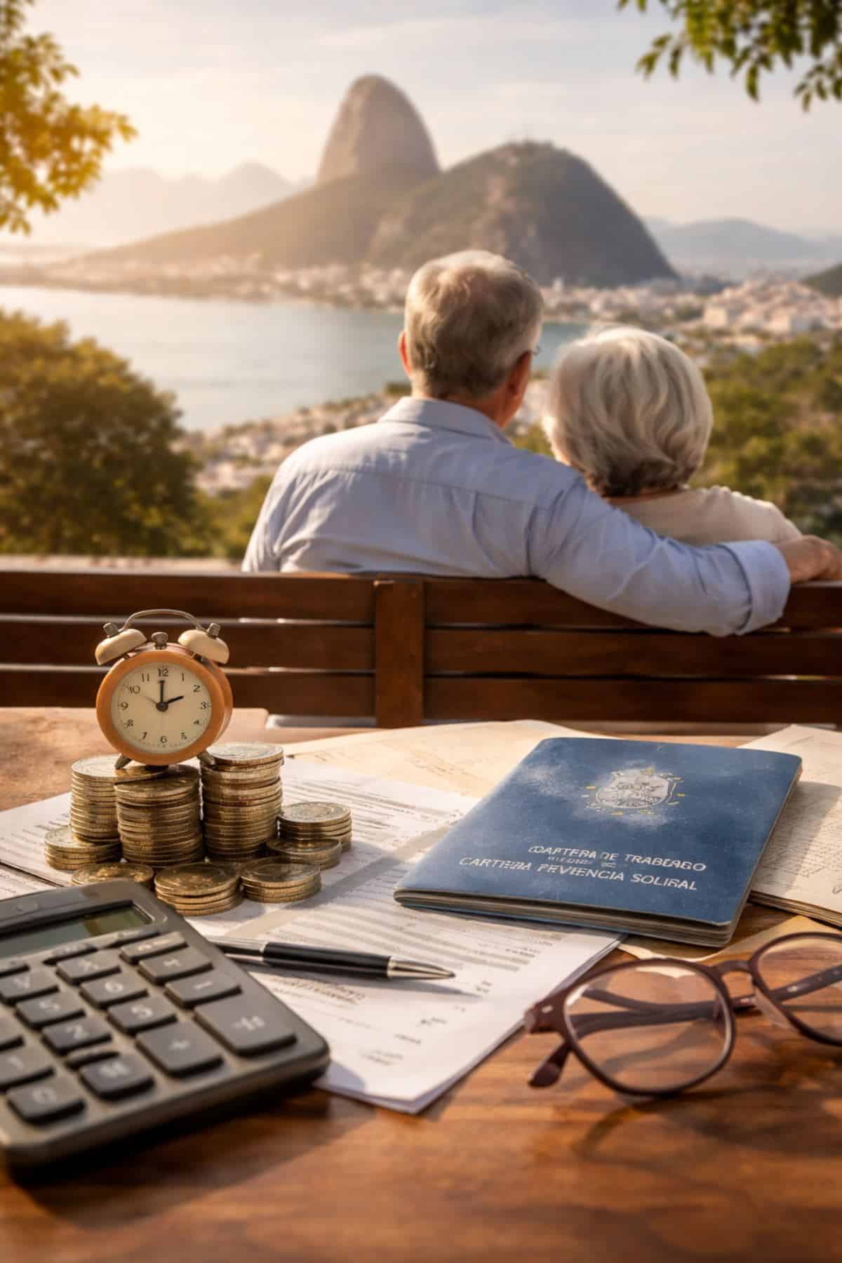 Casal idoso sentado em um banco de madeira observa a paisagem do Rio de Janeiro ao entardecer, com o Pão de Açúcar ao fundo.