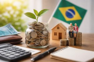 Cena minimalista representando educação financeira e planejamento de previdência no Brasil: um pote de vidro cheio de moedas com uma pequena planta crescendo no topo simboliza crescimento financeiro, ao lado de uma carteira com dinheiro, uma calculadora, um caderno e uma caneta sobre uma mesa de madeira.