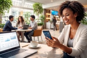 Mulher sorridente utilizando aplicativo bancário no celular em ambiente moderno, representando a digitalização do atendimento dos bancos no Brasil, com notebook e café sobre a mesa e consultoria financeira ao fundo em espaço contemporâneo.