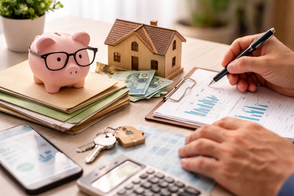 Mãos de uma pessoa analisando documentos financeiros sobre uma mesa clara enquanto segura uma caneta sobre relatórios impressos.