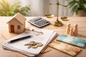 Mesa de madeira clara com composição minimalista relacionada a planejamento financeiro e previdência. Sobre a mesa há uma pequena casa de madeira representando patrimônio imobiliário, documentos organizados com uma caneta e um par de óculos, um molho de chaves e moedas sobre os papéis.