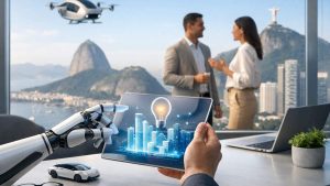Robô e humano seguram tablet com holograma, casal conversa, drone voa, vista do Rio de Janeiro ao fundo.