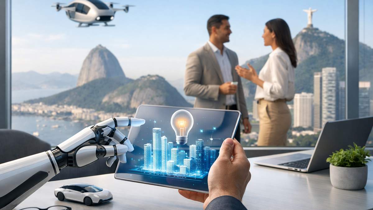 Robô e humano seguram tablet com holograma, casal conversa, drone voa, vista do Rio de Janeiro ao fundo.