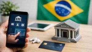 Mão segurando celular com app bancário, mini banco, cartão, fones e bandeira do Brasil ao fundo.